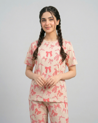 Women Peach Bow Print Tee & Trouser Co-Ord Set