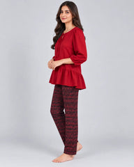 Tie Neck Peplum Co-Ord Set - Red
