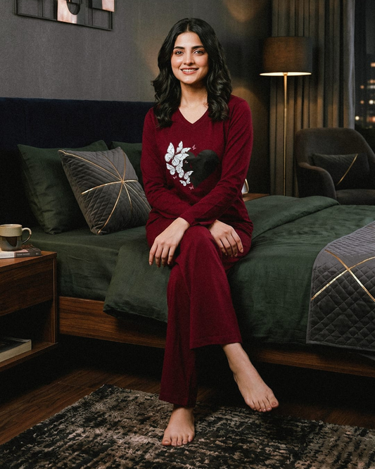 Women V-Neck Lounge Wear | Black Heart - Maroon