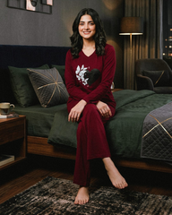 Women V-Neck Lounge Wear | Black Heart - Maroon