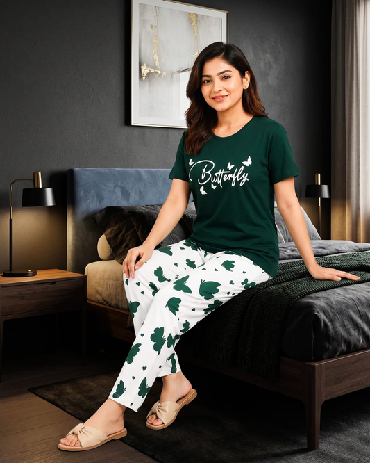 Green Butterfly Print Pajama Set