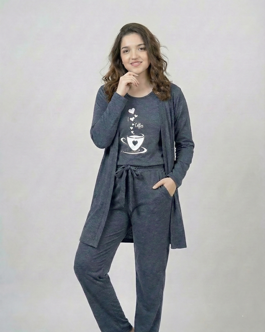 Women 3 Pieces Night Suit - I Love Coffe | Blue