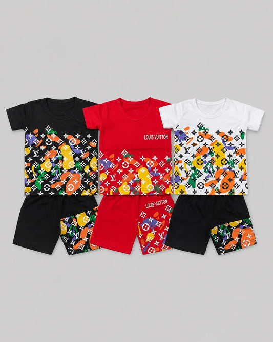 Pack Of 3 Kids LV Short Set | Black, Red & White