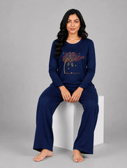 Women Round Neck Lounge Wear | Spring Tree - Navy Blue
