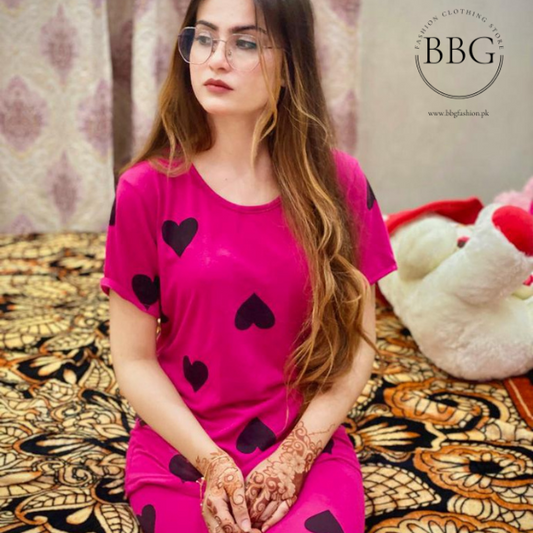 Pink Black Hearts Printed PJ Nightsuit