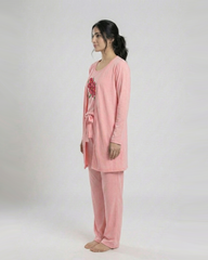 Women 3 Pieces Night Suit - Flower | Baby Pink