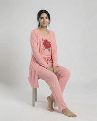 Women 3 Pieces Night Suit - Flower | Baby Pink