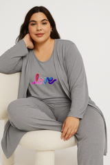 Women’s 3 Piece Nightwear Lounge Set with Multi Love Print | Plus Size Loungewear