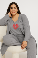 Women’s 3 Piece Nightwear Lounge Set with Geometrical Heart Print | Plus Size Loungewear