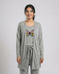 Women 3 Pieces Night Suit - Rainbow Butterfly | Grey