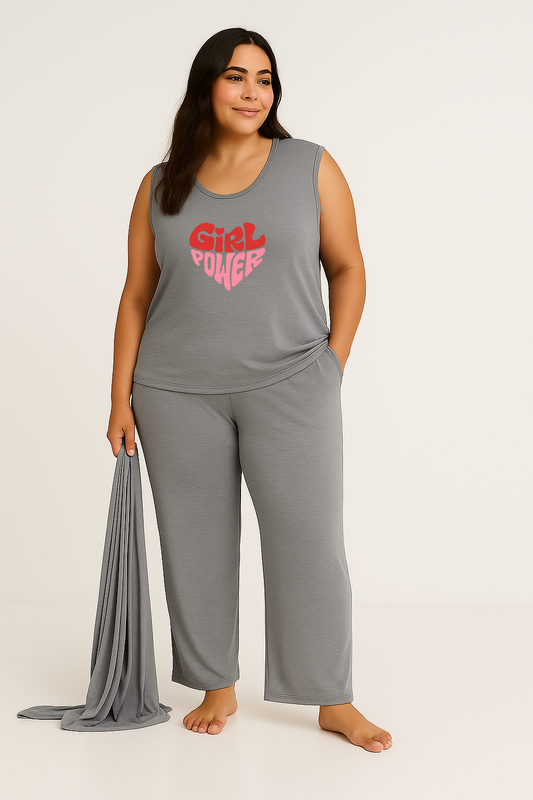 Women’s 3 Piece Nightwear Lounge Set with Girl Power Print | Plus Size Loungewear