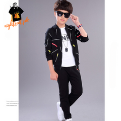 Kids Black Printed Zipper with Warm Black Trouser ( 3 Piece )