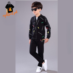 Kids Black Printed Zipper with Warm Black Trouser ( 3 Piece )