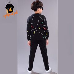 Kids Black Printed Zipper with Warm Black Trouser ( 3 Piece )