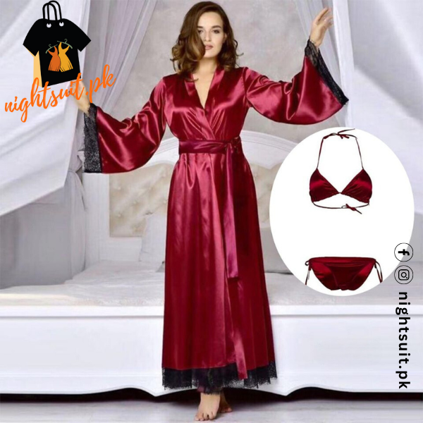 Women Red Silk Night Gown 3 piece –