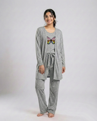 Women 3 Pieces Night Suit - Rainbow Butterfly | Grey