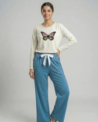 Women Premium 2 Piece Lounge Set | Rainbow Butterfly - White & Blue