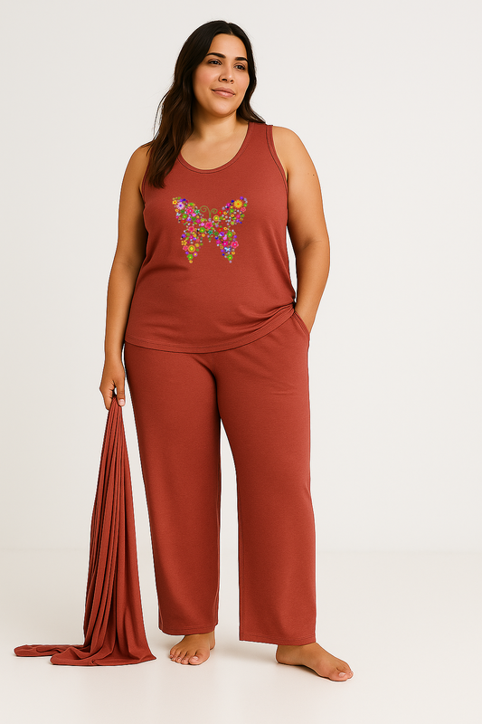 Women’s 3 Piece Nightwear Lounge Set with Colored Butterfly Print | Plus Size Loungewear