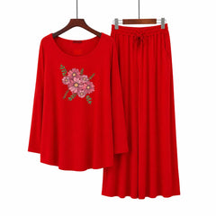 Women Round-Neck Lounge Wear | Flower - Red