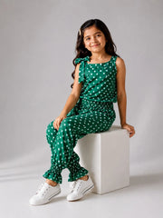 Girls Green Polka Dot Sleeveless Jumpsuit