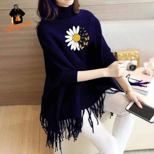 Navy Blue Daisy Flower Printed Poncho