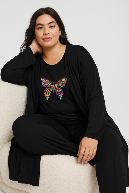 Women’s 3 Piece Nightwear Lounge Set with Colored Butterfly Print | Plus Size Loungewear