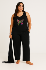 Women’s 3 Piece Nightwear Lounge Set with Colored Butterfly Print | Plus Size Loungewear