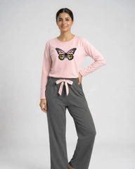 Women Premium 2 Piece Lounge Set | Rainbow Butterfly - Pink & Grey