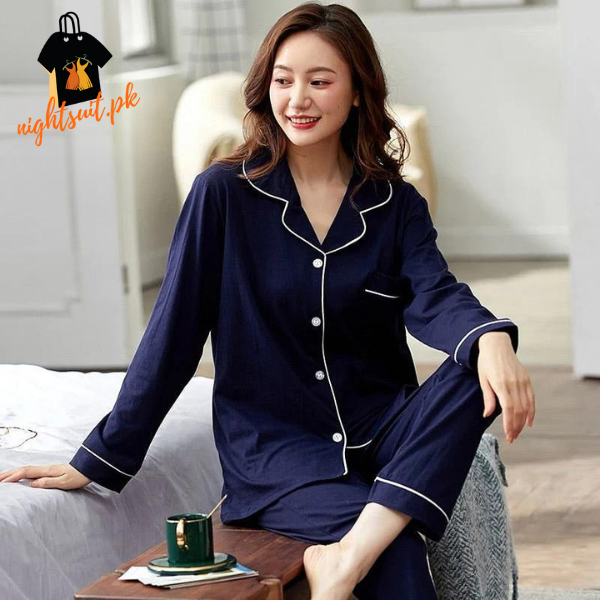 Blue Silk Night Suit Turn Down Collar Long Sleeves nightsuit.pk