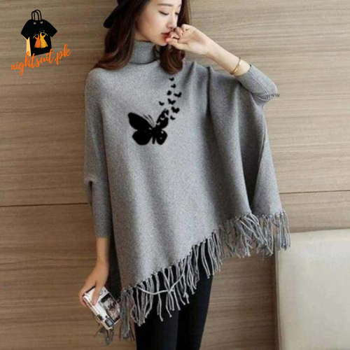 Grey Flying Butterfly Printed Poncho