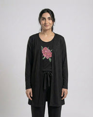 Women 3 Pieces Night Suit - Flower | Black