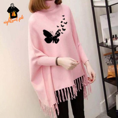Pink Flying Butterfly Printed Poncho
