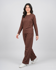 Women Button Style 2 Piece Lounge Wear - Chocolate Brown
