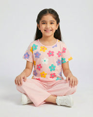 Blossom Breeze Girls Floral Top & Pink Flare Pants Set