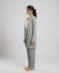 Women 3 Pieces Night Suit - Pink Cloud | Grey