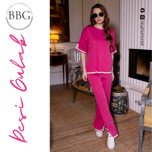 Desi Gulab Slit Short Sleeve T-shirts and High Waist Wide Leg Pants