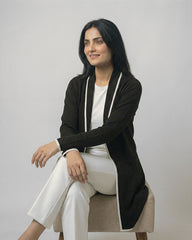 Black Front Open Long Coat Dual Pockets Jacket