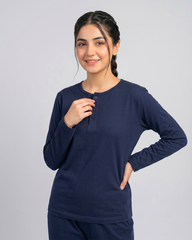 Women Button Style 2 Piece Lounge Wear - Navy Blue