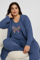 Women’s 3 Piece Nightwear Lounge Set with Colored Butterfly Print | Plus Size Loungewear
