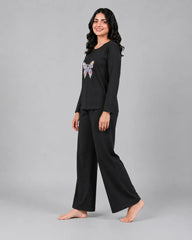 Women Round-Neck Lounge Wear | Colored Butterfly - Black