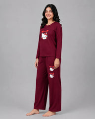 Women Round-Neck Lounge Wear | Hello Kitty - Maroon
