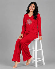 Women V-Neck Lounge Wear | Flower - Red