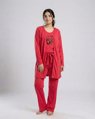 Women 3 Pieces Night Suit - Never Give Up | Red