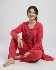 Women 3 Pieces Night Suit - Never Give Up | Red