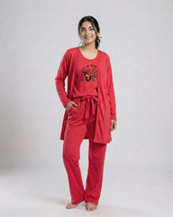Women 3 Pieces Night Suit - Never Give Up | Red