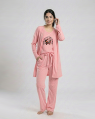 Women 3 Pieces Night Suit - Never Give Up | Baby Pink