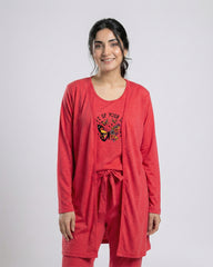 Women 3 Pieces Night Suit - Never Give Up | Red