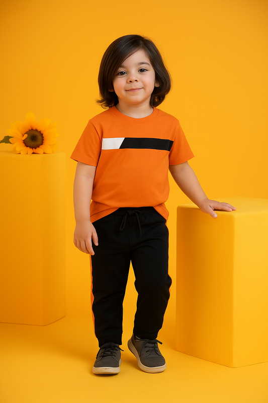 Trendy Kids' Orange Block T-Shirt & Pant Set