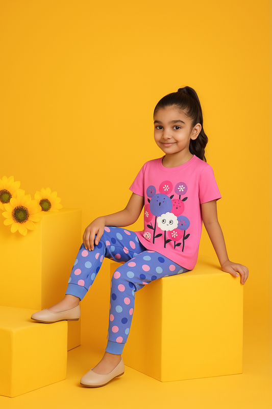 Girls' Cute Cat & Flower Print Pajama Set - Short Sleeve