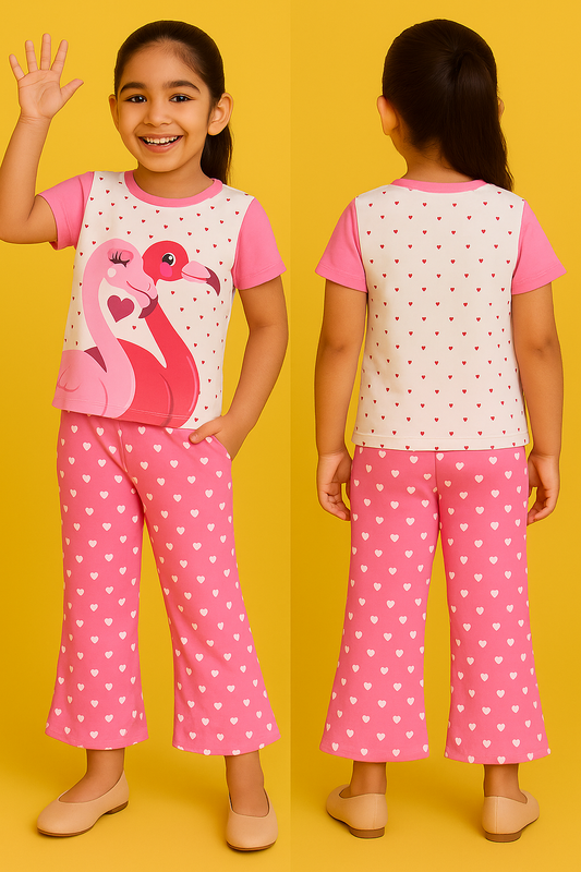 Girls' Flamingo Heart Print Top & Flared Pants Set